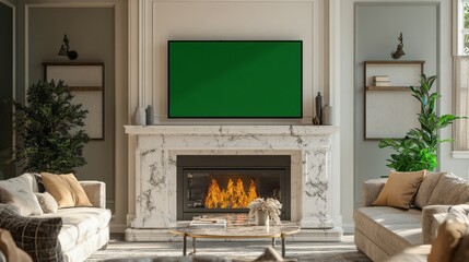 A TV with a green screen hanging above a marble fireplace in an upscale home.