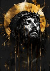 Dramatic portrait of Jesus Christ, depicted with a crown of thorns against a dark background accented with gold.