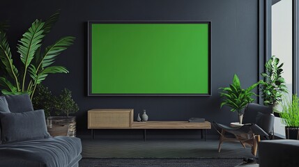 A wide, thin frame with a green screen, placed on a dark grey accent wall. 