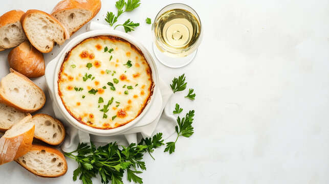 A creamy chicon au gratin dish is surrounded by fresh bread and a glass of white wine