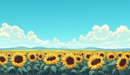 Fototapeta premium artoon-style illustration of a vibrant field of sunflowers under a bright blue sky, showcasing a cheerful and colorful nature scene.
