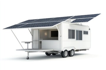 Solar-powered mobile food kiosk with awning.