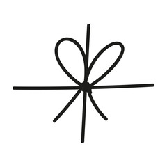 Black bow with tied rope and ribbon knot. Simple line design of string and thread for gift wrapping or marine cord. Flat vector illustration isolated on white background.