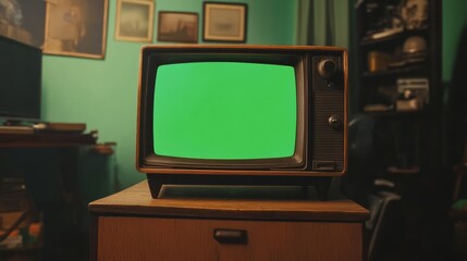 A vintage-style TV with a green screen sitting on a retro wooden console. 