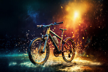 Fototapeta premium Mountain bike on epic background with fire and sparks. Template for bookmaker ads with copy space. Mockup for betting advertisement. Sports betting application, gambling, bookmaker