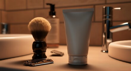 A plain shaving cream tube mock-up, displayed on a bathroom counter with razors 3d illustration brand mock-up template.