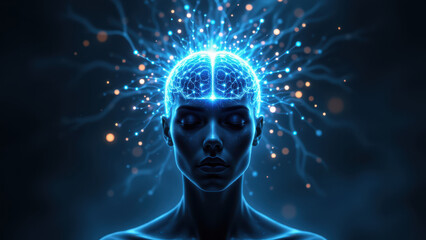 Artistic representation of an artificial brain with energy waves emanating from it. Conceptual depiction of artificial intelligence.