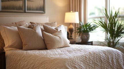 A cozy bedroom with neutral tones, a view from the window is perfect for home decor and lifestyle images.