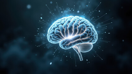 Fototapeta premium A stylized image featuring an AI brain with glowing particles emanating from it, symbolizing artificial intelligence.
