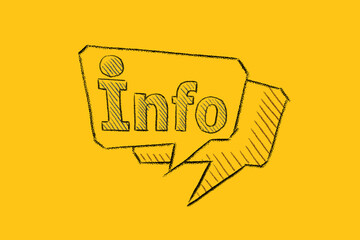 Info speech bubble drawn on a yellow background. Info center, information support, customer support. FAQ concept.