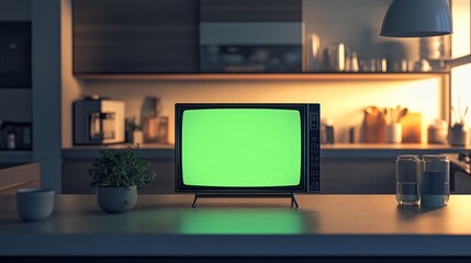 A small TV with a green screen sitting on a modern kitchen island.