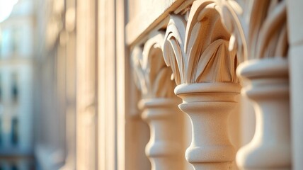Architectural detail of ornate stone columns with intricate carved patterns in soft light