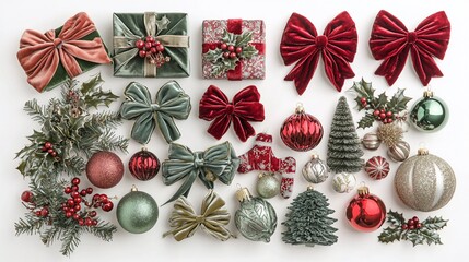 Festive Christmas gifts and ornaments arranged on a white background.