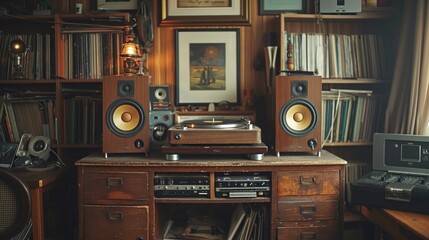 Vintage audio setup with turntable and speakers on wooden desk.
