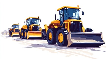 Fototapeta premium Three yellow bulldozers driving in a row on a construction site.