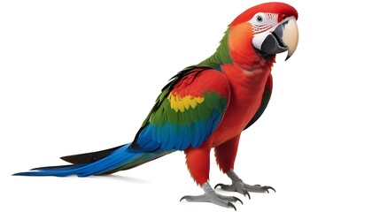 Obraz premium A colorful red, blue, and green parrot with a large beak perched on a surface