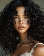 Fototapeta premium a model with long curly hair and a white dress with a white top.