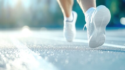 Sportsman Prepares to Sprint at the Starting Line of a Vibrant Running Track at Dawn