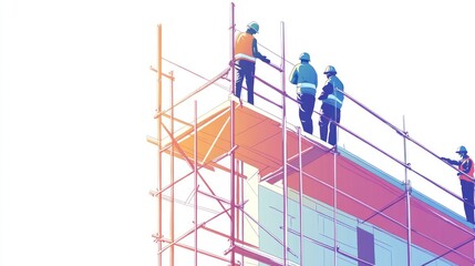 Construction workers on scaffolding during building project.
