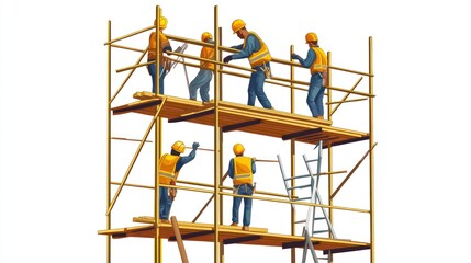 Construction workers on scaffolding building a structure.