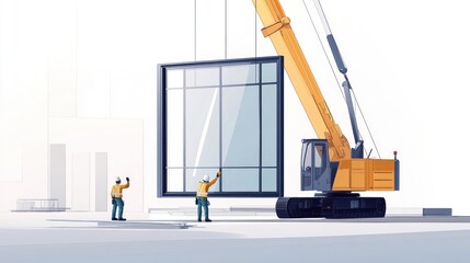 Crane lifting large window panel during building construction.