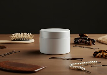 A blank hair gel jar mock-up, surrounded by hairstyling props like combs and clips 3d illustration brand mock-up template.