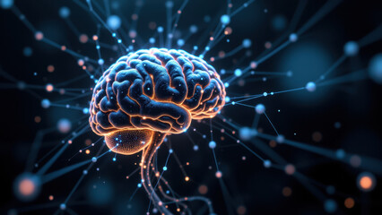 Fototapeta premium AGI concept art featuring a human brain as the focal point with digital connectivity elements radiating outwards.