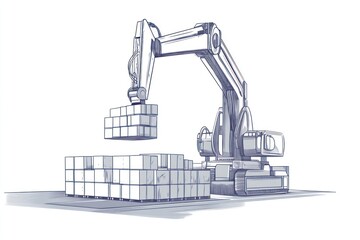 Robotic excavator lifting concrete blocks.