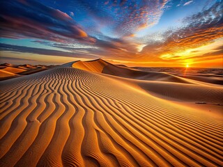 Naklejka premium Golden sand dunes rise and fall under the soft glow of sunset as gentle winds shape their form creating a serene desert vista that captivates the soul