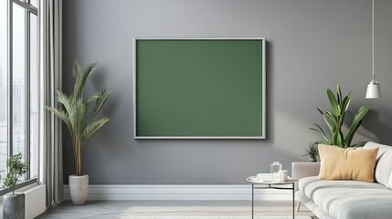 A rectangular silver frame with a green screen, hung on a light grey living room wall.