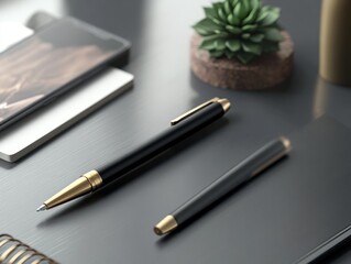 Two black pens with gold accents on a dark desk with notebook and succulent.