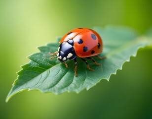 Naklejka premium A red ladybug on a green leaf against a blurred green background
