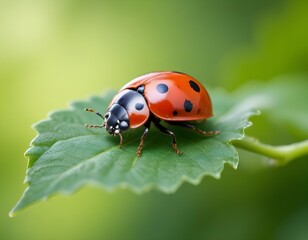 Obraz premium A red ladybug on a green leaf against a blurred green background