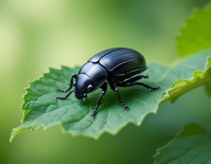 Naklejka premium A black beetle on a green leaf against a blurred green background