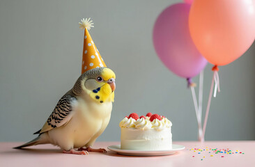 Budgerigar with birthday cake and balloons on the background