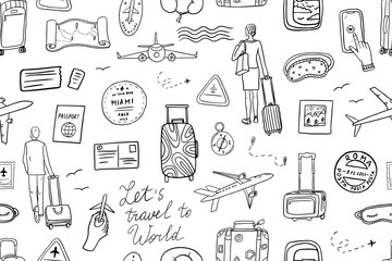 Seamless pattern of travel theme in doodle style. Suitcase, baggage, plane, fly, ticket, postcard, flight, boarding pass, clouds, view from the window, postage stamp, passport stamp, passport