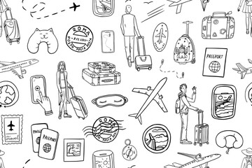 Cute seamless pattern of travel theme in doodle style. Suitcase, baggage, plane, fly, ticket, postcard, flight, boarding pass, clouds, view from the window, postage stamp, passport stamp, passport