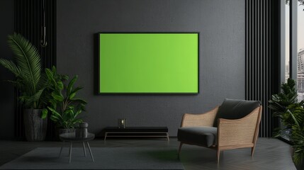 A small TV with a green screen in a minimalist room, placed on a modern table