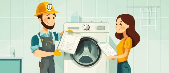 Repairman explaining washing machine manual to a woman.