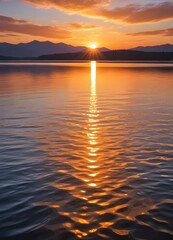 Obraz premium A scenic sunset over a calm lake, with the sun dipping below the horizon and casting warm, golden light across the rippling water