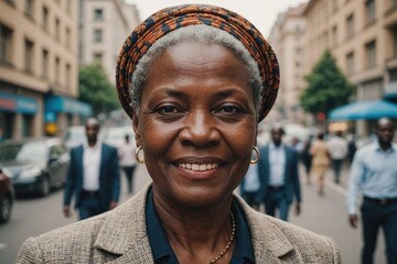 Close portrait of a smiling senior Central African businesswoman looking at the camera, Central African big city outdoors blurred background