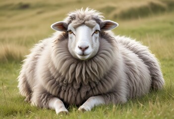 Fototapeta premium A fluffy sheep with a friendly expression resting in a grassy field