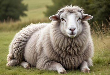 Fototapeta premium A fluffy sheep with a friendly expression resting in a grassy field