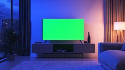A small TV with a green screen in a minimalist room, placed on a modern table