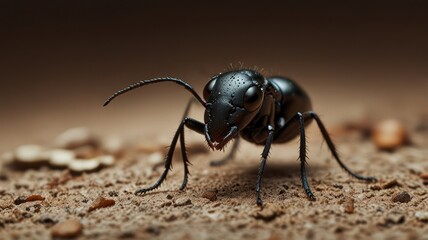 Close-up of a black ant on the ground.