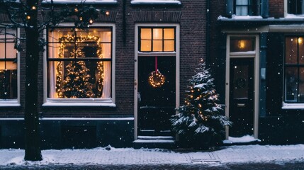 Traditional Dutch canal house in Amsterdam adorned with twinkling Christmas lights, a small tree by the door, and snow-covered cobblestone streets creating a festive winter scene.