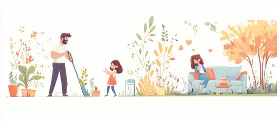 Happy family enjoying gardening and relaxing outdoors.