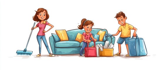 Happy family cleaning and packing for moving.