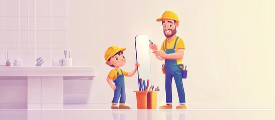 Father and son installing a mirror in a bathroom.