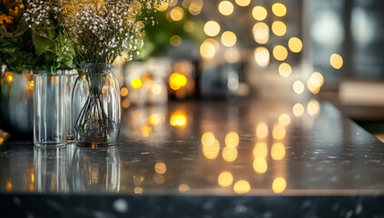 Brightly lit bar counter with flower arrangements and soft bokeh lights during evening hours